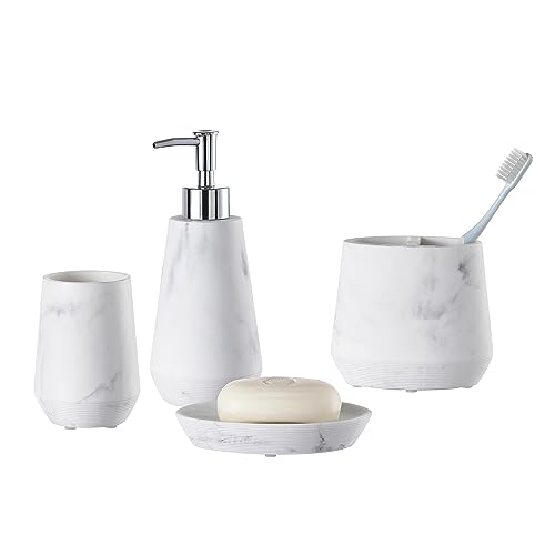 4 Piece Modern Bathroom Accessory Set with Marbled Style and Geometric Design Includes Lotion Dispenser, Toothbrush Holder, Tumbler, Soap Dish (Mordern Style Marble)