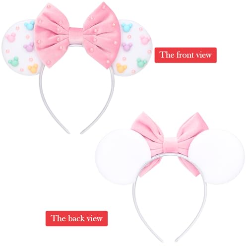Image of DRESHOW Mouse Ears Headbands for Women Plain White Pearl Mickey Ears Hairbands Bow Head Bands Velvet Head Band Cosplay Costume Princess Party Decorations Disney Trip