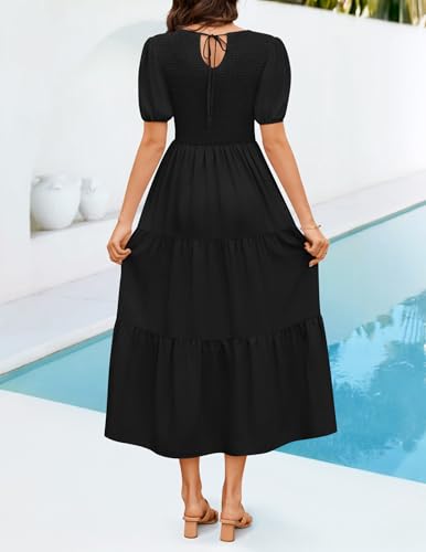 ZESICA Women's Casual Summer Crew Neck Short Puff Sleeve Smocked High Waist Ruffle Tiered A Line Midi Dress3