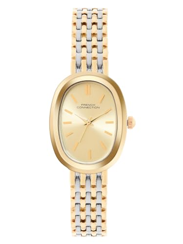Image of French Connection Sunray Champagne Oval Dial with Gold Two Tone Stainless Steel Strap Watch for Womens - FCN0130TM