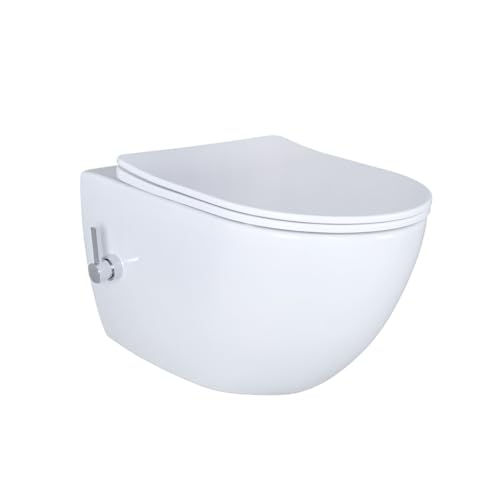 Creavit RIMOFF Wand WC Weiß - WC-Deckel mit Absenkautomatik - Bidet Taharet Edelstahl Düse Kaltwasserhebel - spülrandlos hygienisch wandhängend
