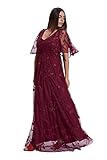 Ulla Popken Damen große Größen Übergrößen Plus Size Abendkleid, Stickerei, doppellagig, V-Ausschnitt, 3/4-Arm weinrot 48 804855340-48