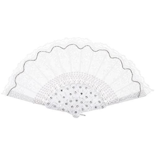 Eventail Mariage Eventail en Dentelle de Perles Gracieux Eventail Chinois Pliable Convenant à la Décoration des Fêtes de Danse et des Costumes (Eventail Blanc) Cover