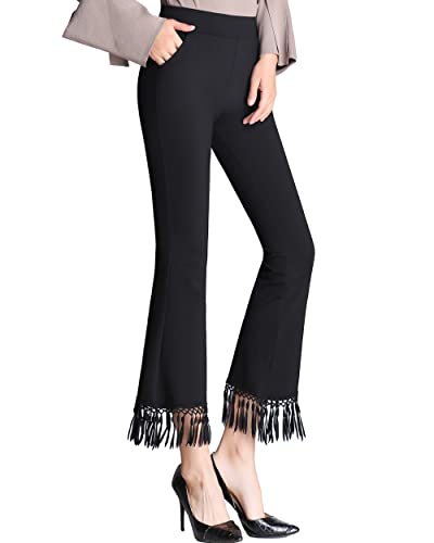 Women's High Waist Bell Bottom Tassel Flare Cropped Pants Plus Size Stretch Wide Leg Capri Pants2