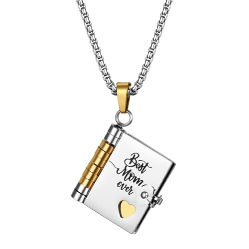 JewelryWe Buch Halskette für Mutter: Edelstahl 6 Seiten Aufklappbares Minibuch Anhänger zum Öffnen Erinnerungsschmuck Beste Mama Ever Geschenk von Kindern Geburtstag, Silbergold