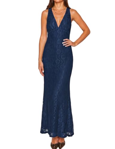 Image of Elegant Lace Floral V Neck Backless Bodycon Dresses for Women Sexy Cut Out Low Back Sleeveless Maxi Dress Wedding Guest