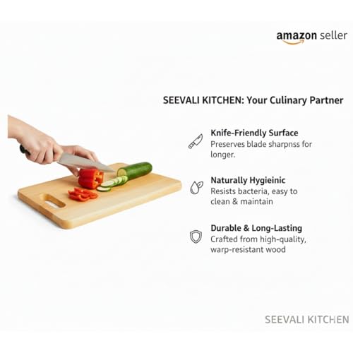 Image of Natural Wood Cutting Board, Acacia Hardwood, 34x24cm, Knife-Friendly Surface, Integrated Handle, Warp-Resistant, Rectangular Kitchen Chopping Block