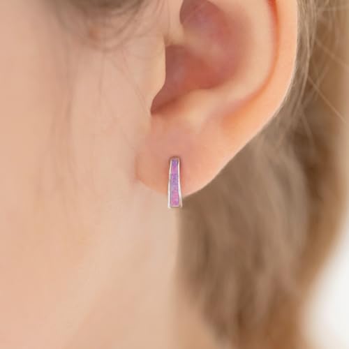 925 Sterling Silver Chunky Simulated Opal Inlay Huggie Hoop Earrings For Little Girls and Preteens 8mm - Young Girls Chunky Hoop Earrings For Everyday Use3