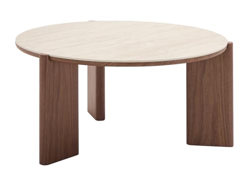 Vente-unique - Table Basse en céramique et placage Noyer - Effet travertin et Naturel - MUNYRA