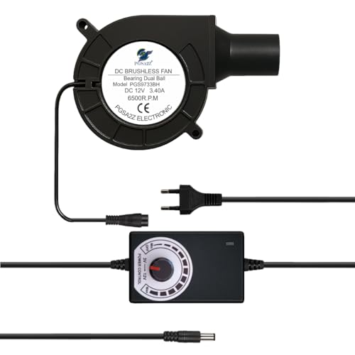 Image of DC Brushless BBQ Blower Fan, 12V, 6500 RPM, Variable Speed Control, 97mm x 33mm, with AC Adapter, Black