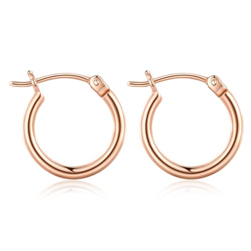 Gacimy Small 14K Rose Gold Plated Hoop Earrings for Women, Tiny Hoops with 925 Sterling Silvertone Post, 16mm Huggie Earrings for Women