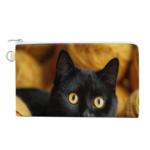 Jubonexis Cartera de lona, diseño de gato negro con estampado de hilo redondo amarillo, monedero con cremallera, pequeña bolsa de cosméticos