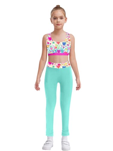 Aiihoo Traje deportivo para niña, chándal de dos piezas, sujetador deportivo para niños, con estampado disponible y leggings deportivos, Pink & Light Green, 110-116