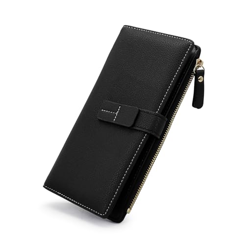 AdiStylinno Carteira feminina de couro fina, porta-cartão, bolsa de mão dobrável de grande capacidade com bolso com zíper, Preto, 19.5 x 9.5 x 1.5 cm / 7.68 x 3.74 x 0.59 in, Moderno
