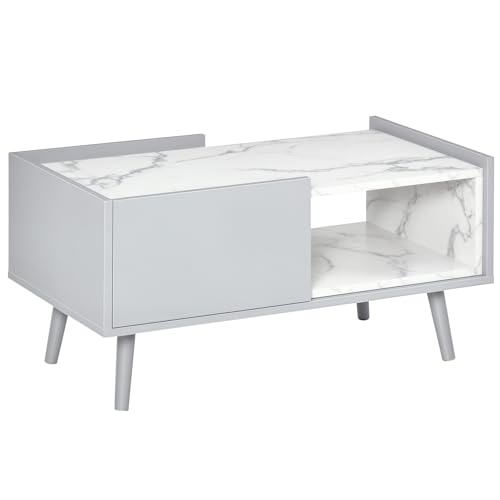 HOMCOM White Coffee Table with Faux Marble Top, 2-Tier Wood Center Table Sofa Table with Storage Drawer and Shelf for Home Living Room Reception Room