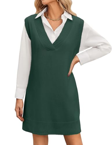 Zeagoo Sweater Kleid Damen Strickkleid Strick Pullunder Kleid Ärmellos V-Ausschnitt Pullunder Damen über Bluse Knielang Elegant Herbstkleid...