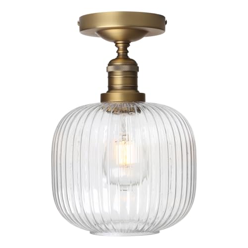 Plafonnier cuisine salon E27 : luminaire industriel semi-affleurant en verre strié antique