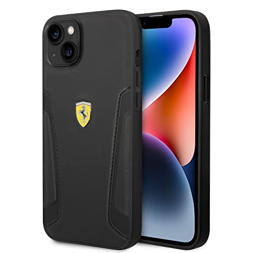 CG MOBILE Ferrari Étui en Cuir avec côtés estampillés à Chaud et Logo Jaune Compatible avec iPhone 14 Max (Noir)
