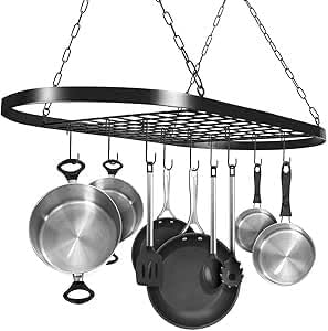 Hängendes Topfregal mit 10 Haken, robuste Deckenhalterung, Pfannenaufhänger, industrielles Gitterregal, Küchenorganizer für Kochgeschirr-Utensilien, platzsparende Überkopfaufbewahrung (60 cm)