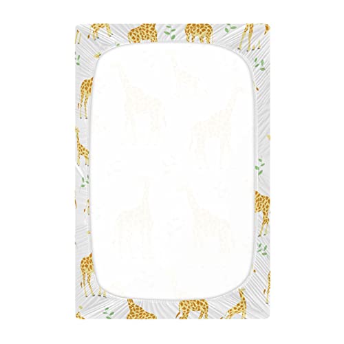 Image of Fitted Crib Sheets Cute Yellow Giraffe Stretchy Portable Playard Sheets for Baby Toddler, Breathable Soft Mini Crib Mattress 39 x 27 in for Boys and Girls