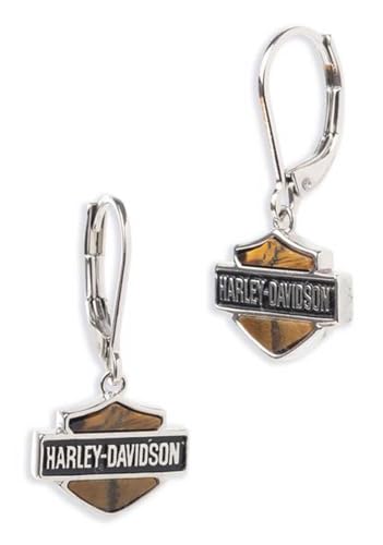 Harley-Davidson Women's Tiger's Eye H-D Bar & Shield Logo Drop Earrings, Silver