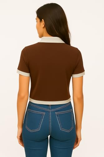 Image of Ribbed Polo Crop Top, Half Sleeve Top for Women, Korean Style Top, Trendy Collar, Stylish Tops for Girls, Fancy Top