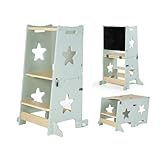 ms BabyWorld – Learn Up – Torre de Aprendizaje Montessori | Convertible en Escritorio con Pizarra y Taburete | Madera Maciza | Barra de Seguridad | Plegable