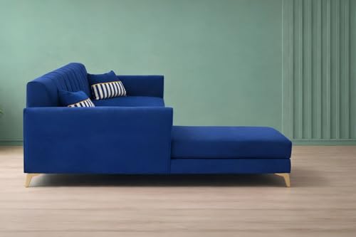 Image of Adorn India Premium Luster 6 Seater L Shape Sofa Set | Velvet Suede Fabric | 3-Year Warranty | LHS |Color Blue with Golden Legs & Striped Pattern Cushion