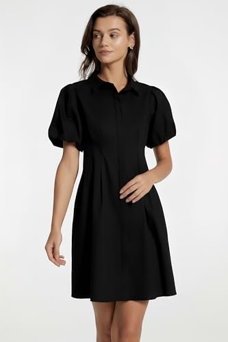Image of D-Sun Women's Short Puff Sleeve Shirt Dress Button Down Pleated Mini Dress Casual Short Dresses