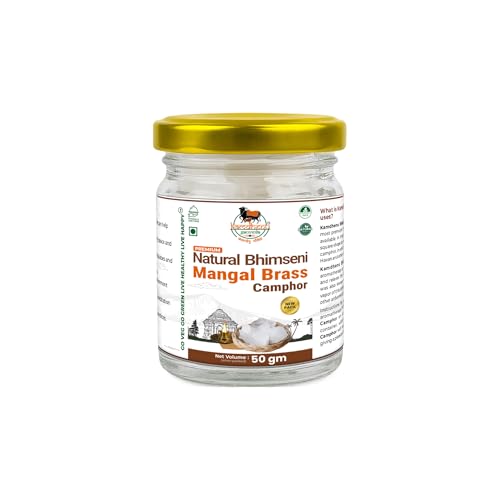 Image of Lab Tested Natural Bhimseni Mangal Brass Camphor | 100% Pure Organic Solid Kapoor for Electric Diffuser, Pooja, Havan, Aarti, Aromatherapy | Premium Glass Jar (50gm Pack of 1)