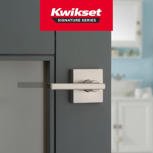 Image of Kwikset Halifax Interior Square Privacy Door Handle with Lock, Door Lever for Bathroom and Bedroom, Satin Nickel Reversible Keyless Push Button Lock Door Lever