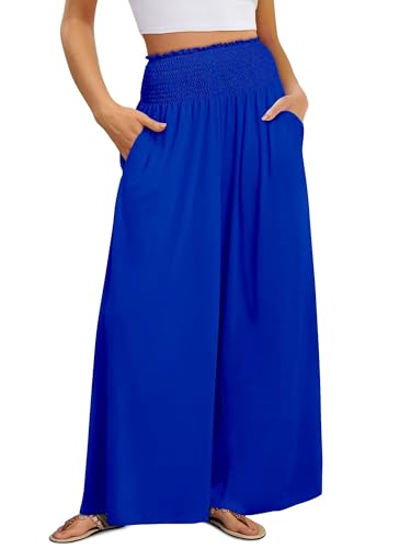 KISSMODA Wide Leg Pants for Women Ladies Spring Summer Loose Casual High Waist Palazzo Pants with Pockets Royal Blue L