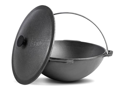 BRIZOLL Cast Iron Uzbek Kazan Dutch Oven Pot with Lid 12.7 qt. (12 L) Asian Cauldron Camping Wok Cooking Kitchen