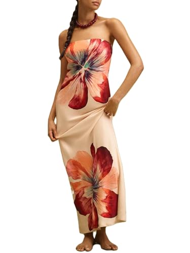 Image of Women Y2k Strapless Maxi Dress Floral Print Tube Long Dress Boho Beach Sundress Going Out Streetwear