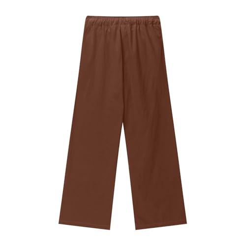 Moonker Girls Linen Straight Wide Leg Pants Solid Color High Elastic Waist Trousers with Pockets Baggy Summer 84