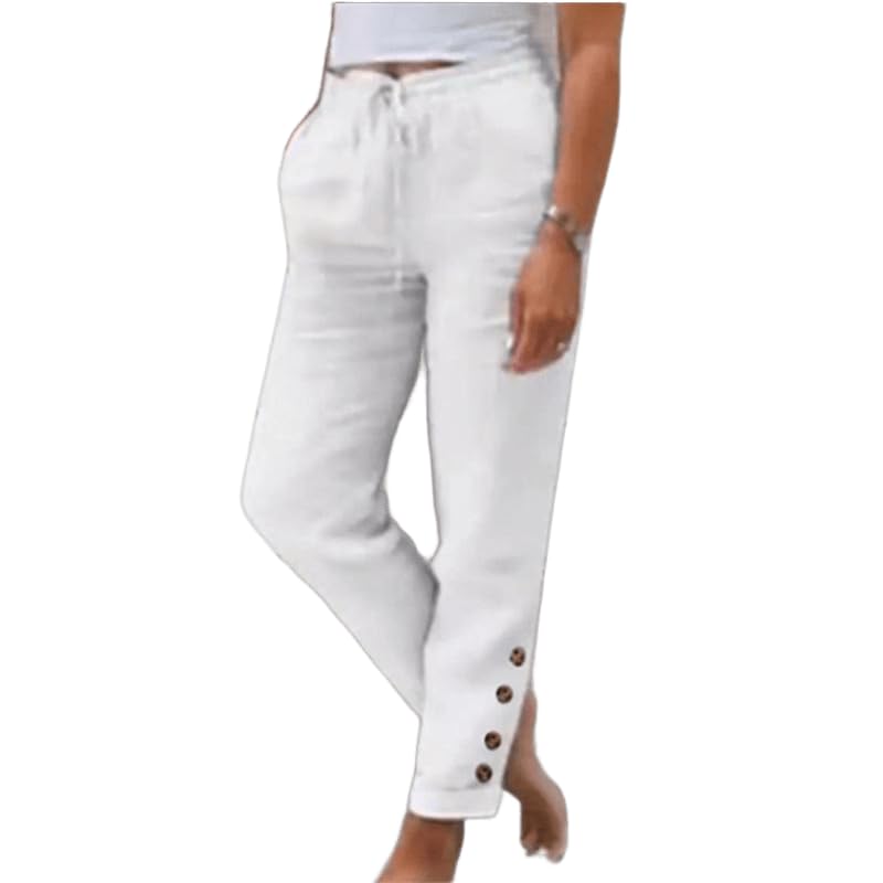 Women Linen Pants Summer Casual Drawstring Elastic Waist Pants Lightweight Capris Beachwear