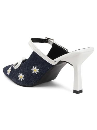 Image of TRYME Denim Embroidered Mules Style Bow Pointed Toe Slip-on Stilettos Heel Sandals for Womens and Girls