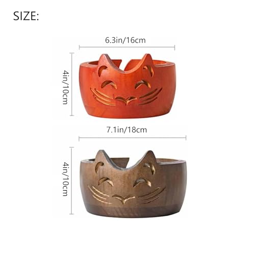 Image of Cute Cat Yarn Bowl, New Yarn Bowls Yarn Storage Bowl with Carved Holes & Drill, Creative Wooden Handmade Round Woolen Bowl for DIY Knitting Crocheting Accessories (Brown)