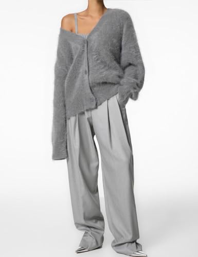 Image of Arssm Womens Fuzzy Cardigan Sweater V Neck Sweaters Fluffy Top