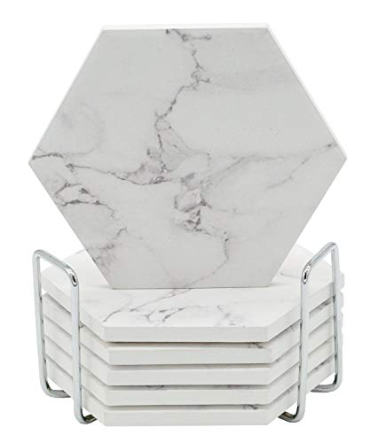 COTIDIANO Absorbent Hexagon Coasters for Drinks - 6pcs Ceramic Coaster Set with Silver Metal Coaster Holder - White Marble Coaster Design with Non Slip Cork Base