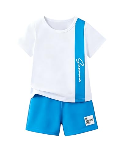 Image of Ayzozuy Boy Clothes Colorblock Top + Drawstring Waist Shorts 2 Pieces Kid Summer Outfits Set