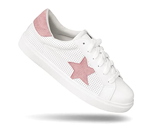 PARTY Women's Fashion Star Sneaker Lace Up Low Top Comfortable Cushioned Walking Shoes, Podcast-White Multi-6