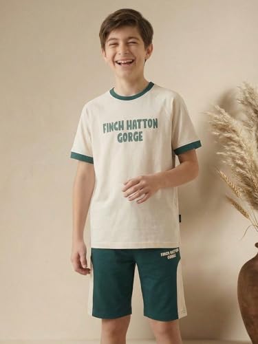 Image of Li'l Tomatoes Boys 100% Cotton Night Suit Set | Half Sleeve T-Shirt & Shorts | Color Block & Typography Print | Soft & Breathable Sleepwear | Casual Summer Wear | 9-16 Years