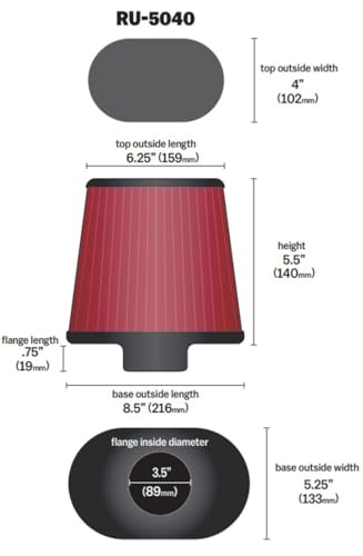 Image of K&N High-Flow Original Lifetime Universal Clamp-On Air Filter: High Performance, Premium, Washable: Flange Diameter: 3.5 In, Filter Height: 5.5 In, Flange Length: 0.75 In, Shape: Oval Tapered, RU-5040