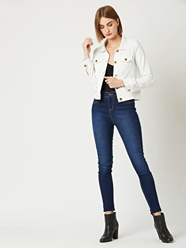 Image of Miss Chase Women's Polo Neck Full Sleeves Patch Pocket Denim Overcoat Knee-Length Jacket