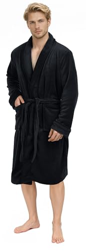 NY Threads Bata de hombre con cuello chal, ropa de dormir suave y acogedora, Negro, Grande