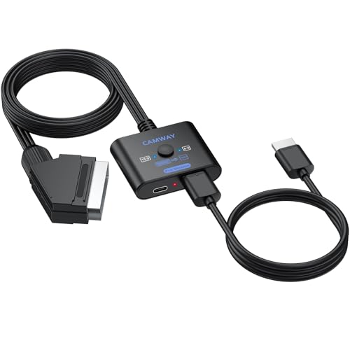 CAMWAY Conversor de euroconector a HDMI, 16:9/4:3, Conversión 1080P Scart a HDMI, Adaptador de vídeo de Audio con Cable Macho de 150 cm, Adaptador SCART Compatible con PAL/NTSC