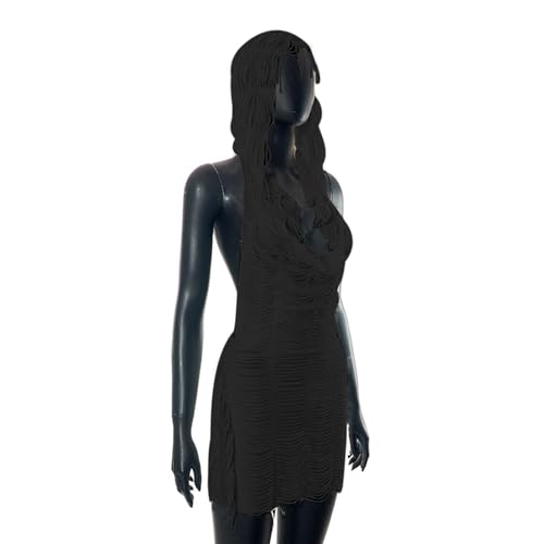 Image of Suillty Women's Sleeveless Hooded Tassel Mini Dress Sexy Hoodie Backless Bodycon Cocktail Party Club Dresses