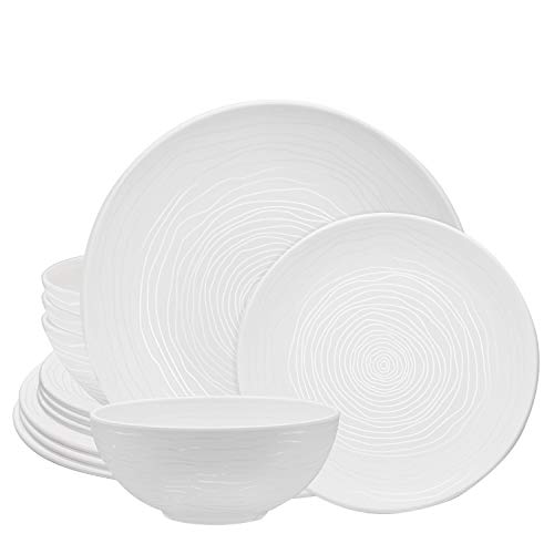 bzyoo 12 Pieces White 100% food safe Melamine Casual Dinnerware Plate and Bowl Set BPA-Free and Dishwasher Safe (Include 4 Dinner, Salad Plates and bowls, 12 PCS ,Service for 4, Organica White)