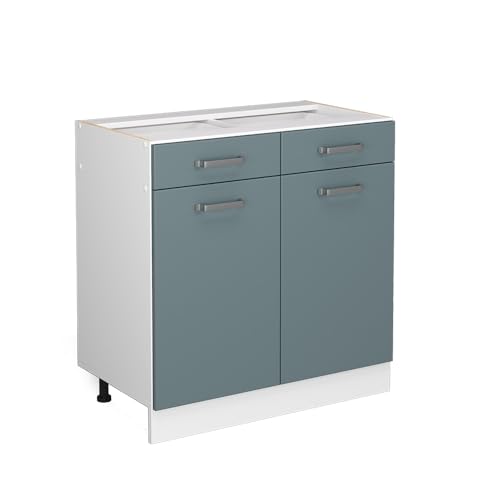 Vicco Meuble Bas Universel R-Line, Bleu-Gris, 80cm avec tiroirs et Portes, sans PT, adapté au Rangement Peu encombrant dans Les Cuisines équipées